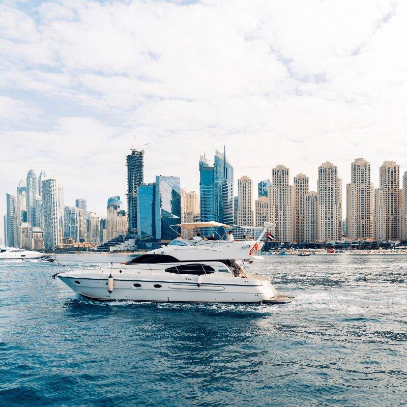 A stunning view of the city skyline from a luxury yacht rental Dubai