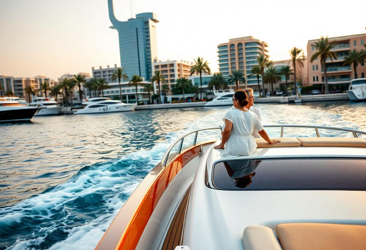 Couple enjoying on a yacht rental dubai in marina